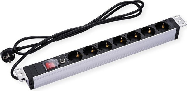 VALUE 7-fach Steckdosenleiste für 19 Zoll Rack mit Überlastschutz und 1,8 m Zuleitung, Silber