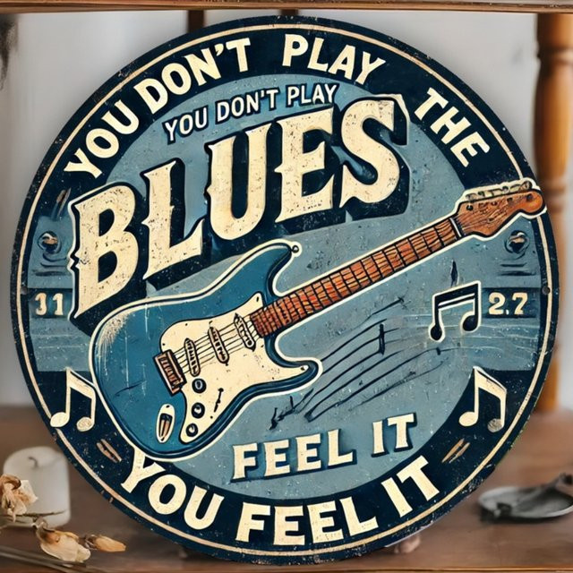 Vintage Blues Gitarren Metallschild von Potdemiel – Runde Wanddekoration aus Eisen für Bar, Café und Küche, Durchmesser: 20 cm - Bild 1