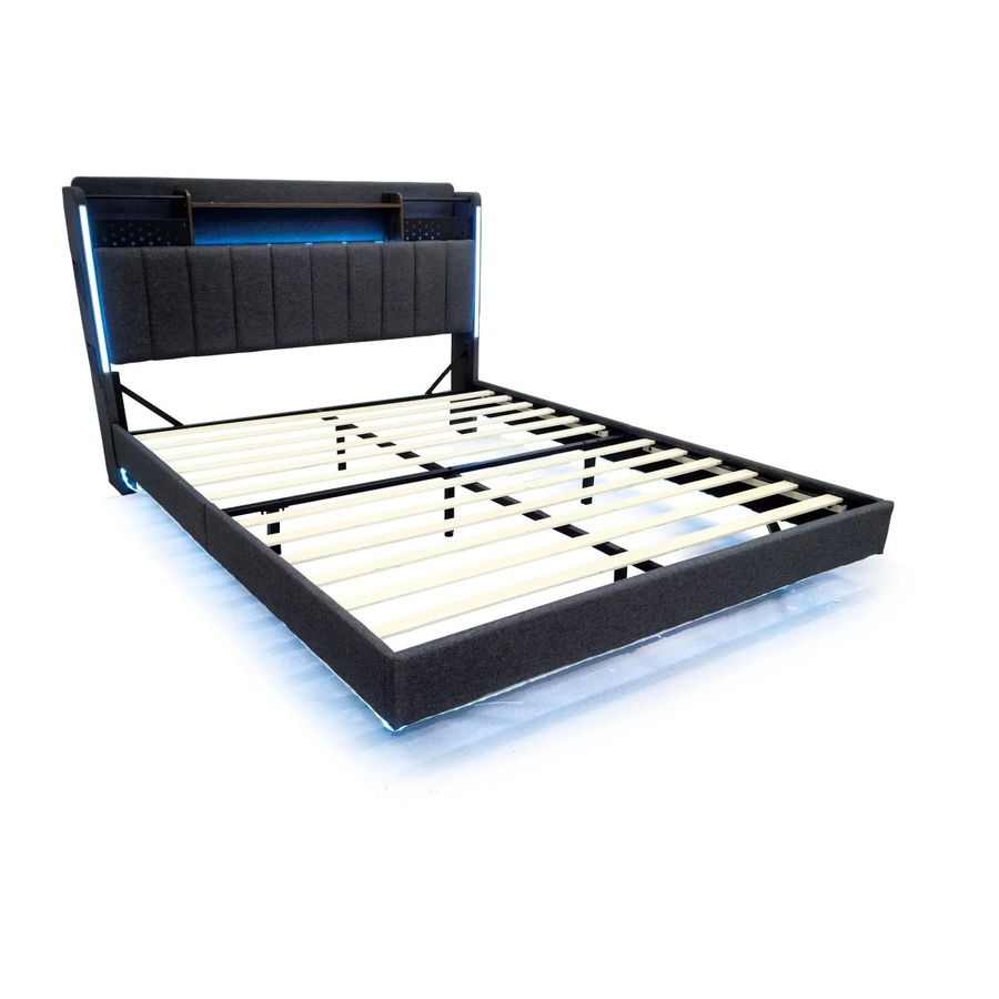 Merax Polsterbett mit LED-Beleuchtung und USB-Anschluss in Grau, B/T/H: 140 x 200 cm - Bild 2