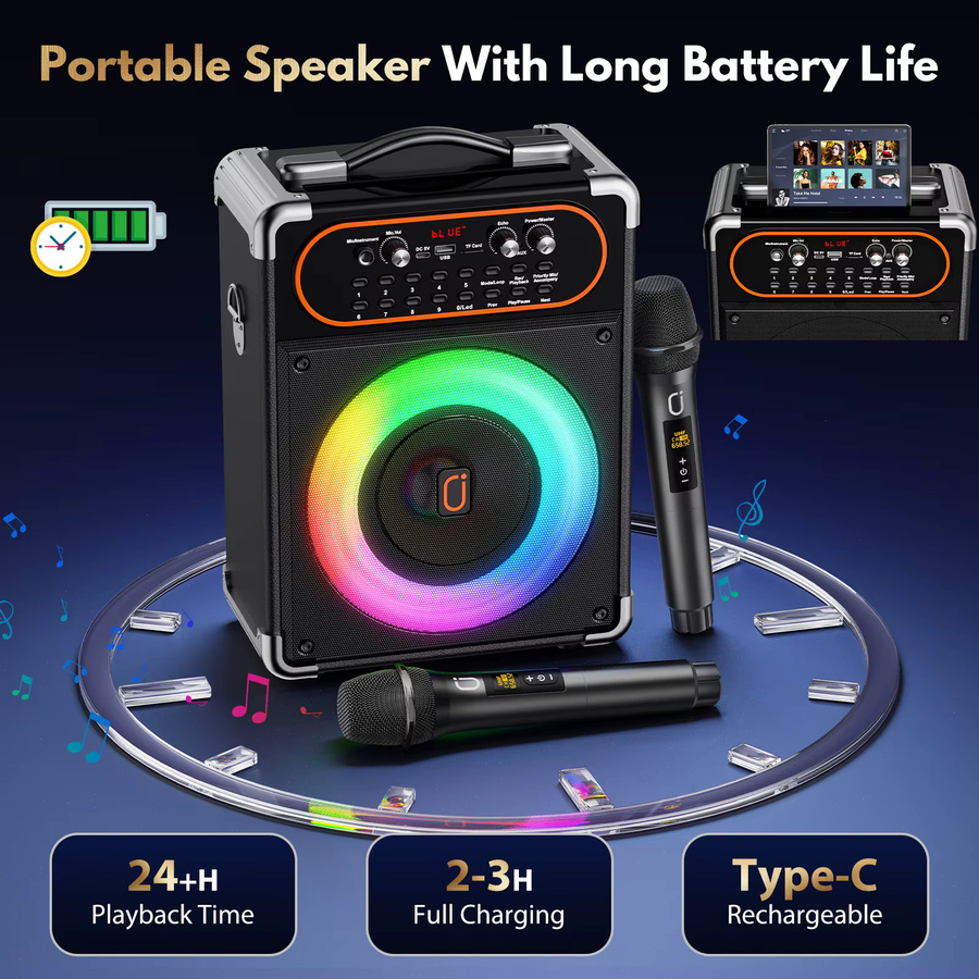 FanFun S68 Karaoke Bluetooth 5.3 Lautsprecher in Schwarz mit 2 Mikrofonen und Echo-Anpassung sowie TV-Anschluss via AUX - Bild 2