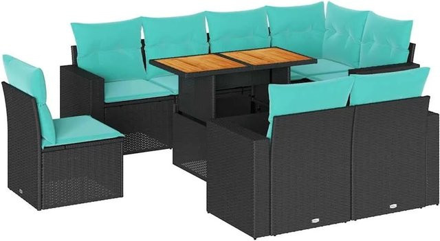 vidaXL 9-teilige Garten-Sofagarnitur in L-Form aus schwarzem Poly-Rattan mit Kissen und pulverbeschichtetem Stahlgestell - Bild 1