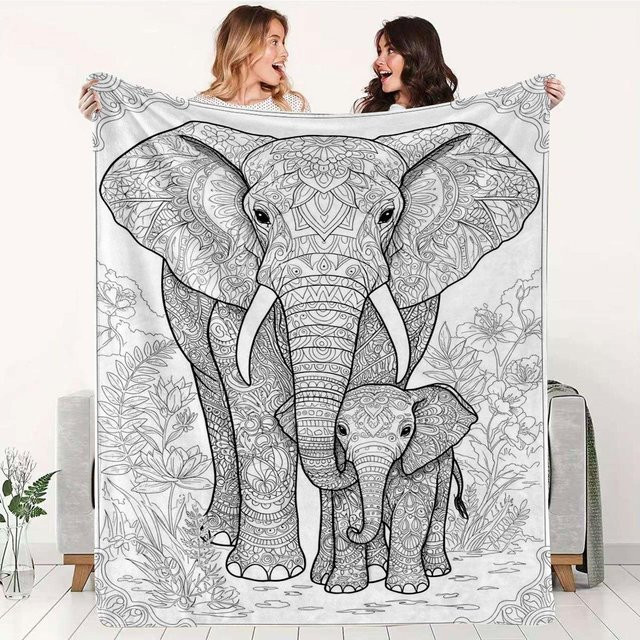 Salt Spray Apparel Flanelldecke mit Mandala-Elefanten-Muster in Schwarz-Weiß, B/B: 125 x 150 cm - Bild 1