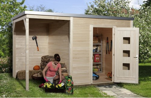 WEKA Holz-Gartenhaus wekaLine 413 A Gr. 1 in Beige mit Flachdach und Vordach, B/H/T: 410 x 244 x 250 cm - Bild 3