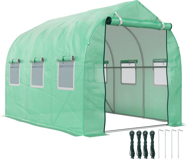 Outsunny Gewächshaustunnel mit 6 Rollfenstern und Tür, Grün, B: 295 cm, T: 195 cm, H: 196 cm - Bild 1