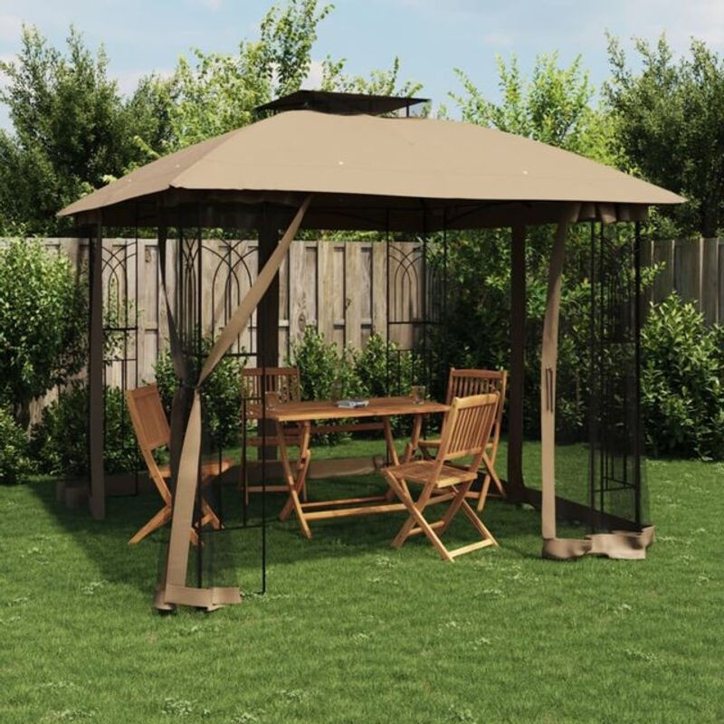 Vidaxl Pavillon mit Doppeldach und Netzwänden aus Stahl und Polyester in Taupe Meliert B/T: 2,94 x 2,94 m - Bild 1