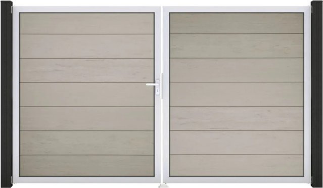 GroJa Steckzaun Tor Grande DIN Links EV1 Bi-Color Sand 2-flügelig aus Aluminium und BPC - Bild 1