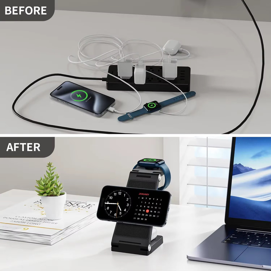 TIMESS 3-in-1 15W Kabelloses Ladegerät in Schwarz für iPhone, Apple Watch und AirPods Pro - Bild 4