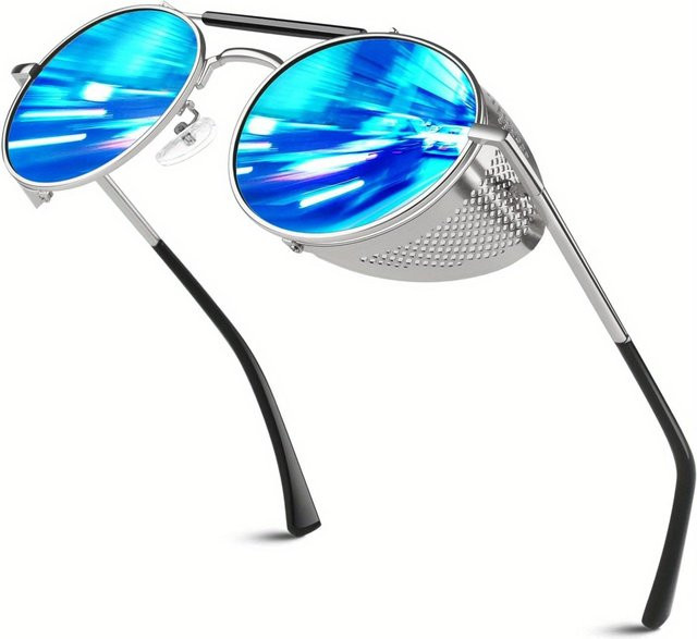 Retro Steampunk Sonnenbrille, rund, Metall, Vollrand, Unisex, blue - Bild 1