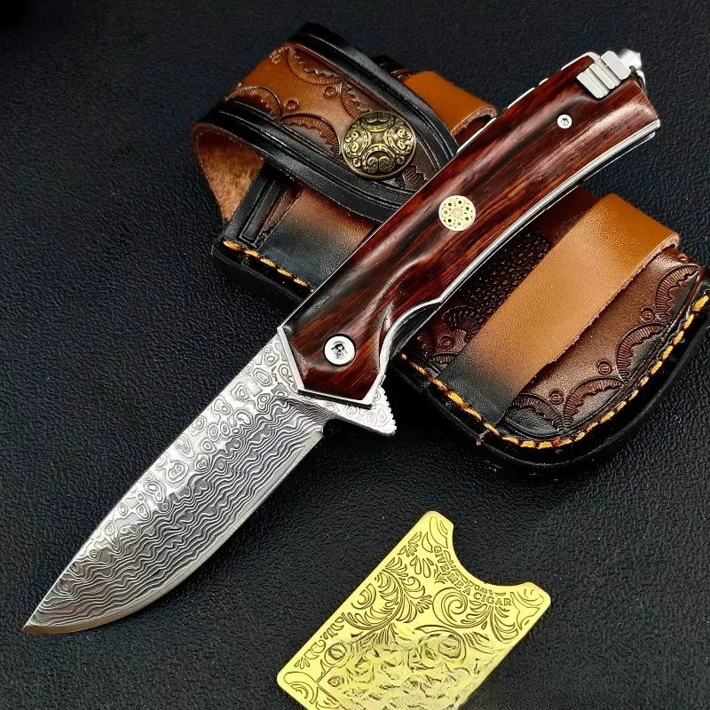 Klappbares Damaszener-Taschenmesser in Braun für Outdoor, Camping und EDC-Einsätze - Bild 3