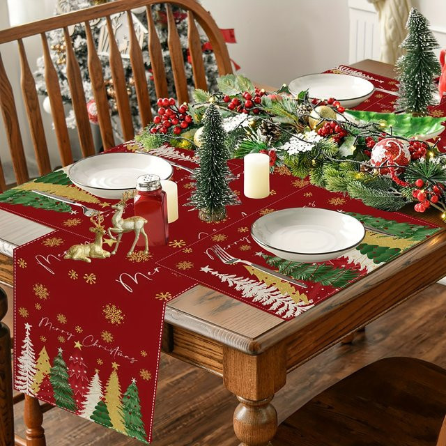 JIT Tischläufer Weihnachtsbaum und Schneeflocken Design in Rot, rechteckig aus Leinen - Bild 1