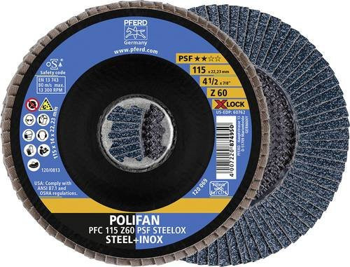 PFERD POLIFAN Fächerschleifscheibe PFC X-LOCK konisch PSF STEELOX für Stahl und Edelstahl, Durchmesser: 115 mm, Blau, 10 Stück - Bild 1