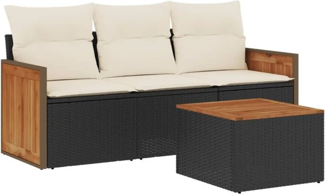 vidaXL 4-teilige Garten-Sofagarnitur aus Poly-Rattan und Akazienholz in Schwarz mit Kissen in Cremeweiß - Bild 1