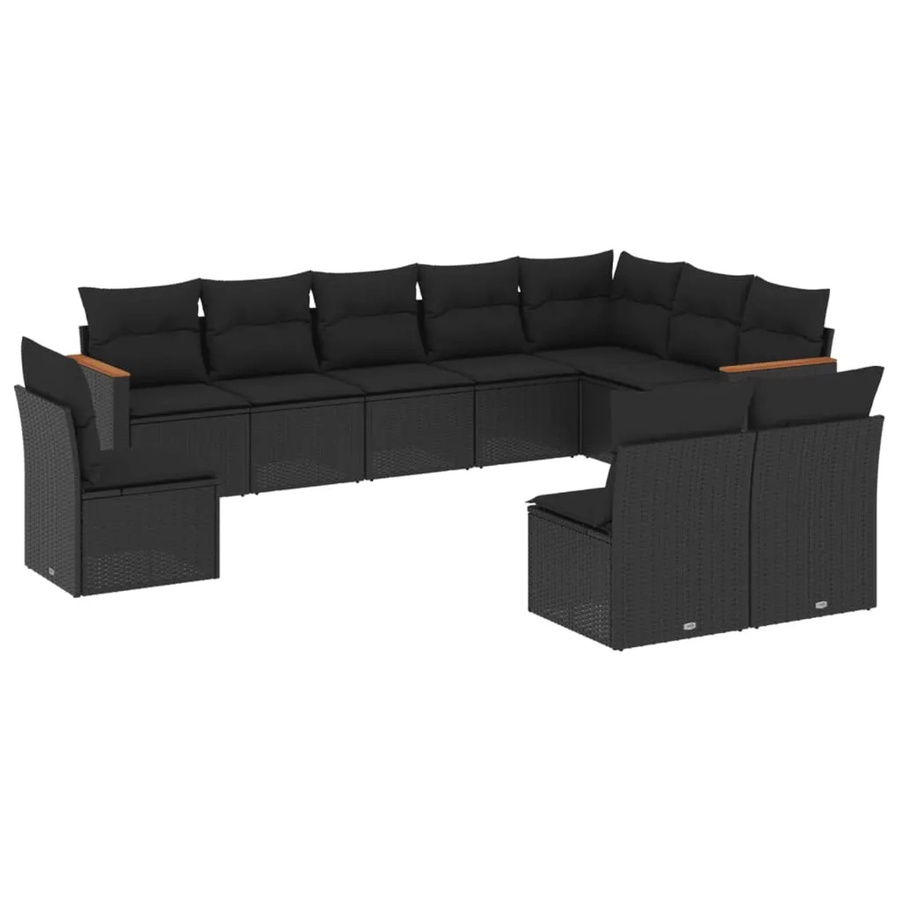 vidaXL 10-tlg. Garten-Sofagarnitur in L-Form aus Poly-Rattan und Akazienholz mit Kissen, Schwarz - Bild 2