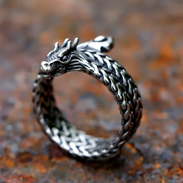 Herrenring 316L Edelstahl, Vintage Wikinger Drachenkopf, Silber - Bild 1