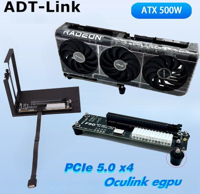 ADT K9G OCuLink zu PCI Express X16 eGPU Dockingstation in Schwarz mit PCIe 5.0 X4 128 Gbit/s und ATX Power Halterung für M.2 SFF-8612 & SFF-8611 - Bild 1