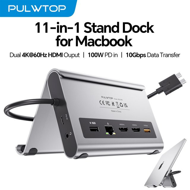 PULWTOP Dockingstation Dual Monitor für MacBook Pro/Air M3/M4/M5 in Silber mit 2 HDMI, Ethernet, USB-A, USB-C und SD/TF Slot - Bild 1