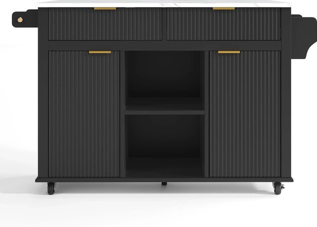 Merax Kücheninsel mit Klappplatte auf Rollen in Schwarz, 2 Schubladen und 2 Türen, B/T/H: 120 x 45 x 89,5 cm - Bild 1