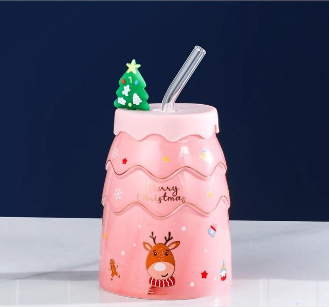 Yiran Furniture Keramiktasse in Weihnachtsbaumform mit Geschenkbox, Farbe Pink, 450 ml - Bild 1