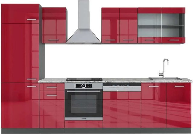 Vicco R-Line Küchenzeile Bordeaux Hochglanz und Anthrazit mit Marmor-Optik, Breite: 300 cm, Höhe: 207 cm, Tiefe: 60 cm - Bild 1