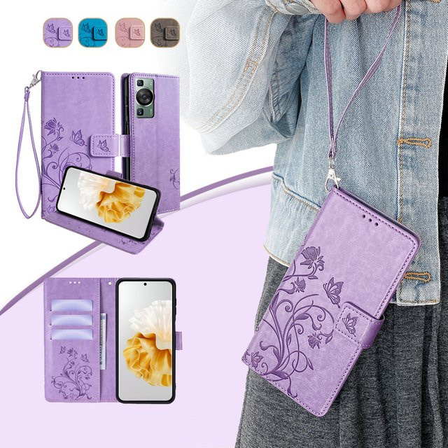 Lanyard Flip Case aus geprägtem PU-Leder für Huawei P60 P50 P40 P30 P20 Pro Plus P50E P40 Lite in Grau und Lila - Bild 1