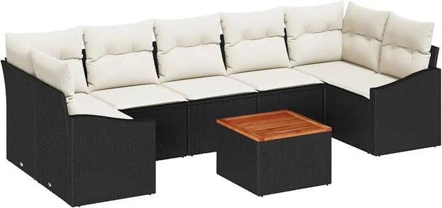vidaXL Garten-Sofa-Set 8-teilig in L-Form mit Kissen und Couchtisch, Schwarz und Beige, Poly-Rattan und Metall - Bild 1