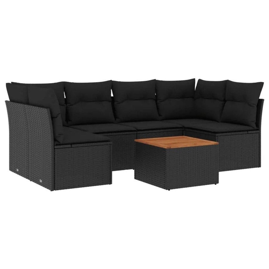 vidaXL 7-tlg Garten-Sofagarnitur aus Poly-Rattan und Akazienholz in Schwarz mit Kissen - Bild 2