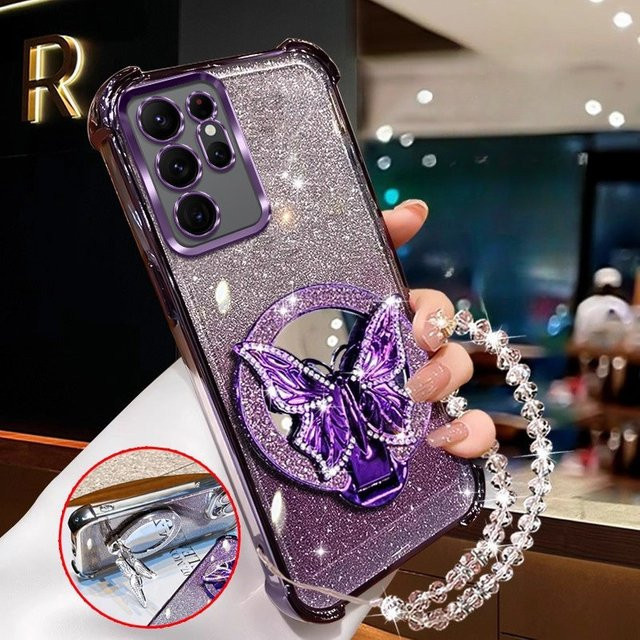 Glitzernde Schmetterlings-Handyhülle mit Kristall-Design für Samsung Galaxy S25 Edge S24 S23 S22 S21 S20 FE Ultra Plus in Pink, stoßfeste Schutzhülle - Bild 1