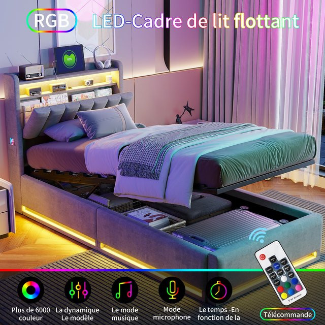 Rosahqnda Doppelbett aus Samt mit LED-Beleuchtung, USB-Anschlüssen und Abblagefach in Pink oder Grau, B/T/H: 90 x 200 cm - Bild 1