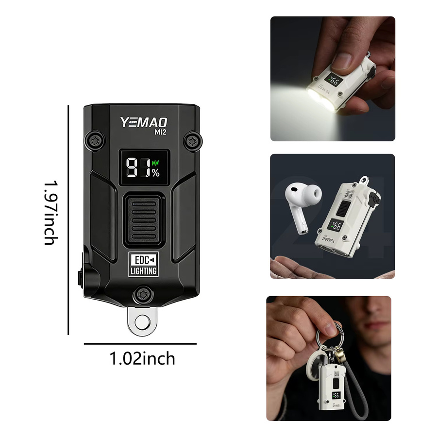 YEMAO M12 EDC Schlüsselanhänger-Taschenlampe mit 300 Lumen, USB-C aufladbar und Leistungsanzeige - Bild 3