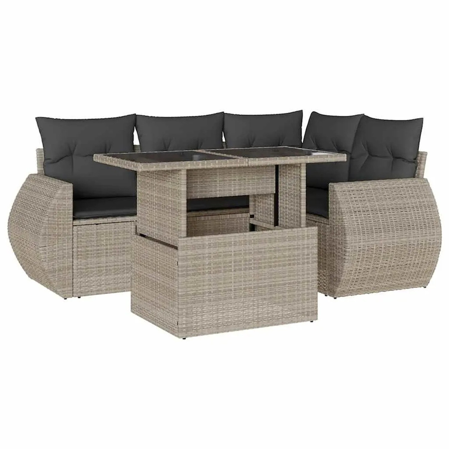vidaXL 5-teilige Garten-Sofagarnitur aus Poly-Rattan mit Kissen in Hellgrau - Bild 2