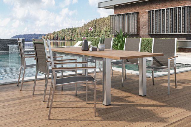 Stern Cardiff Garten-Essgruppe aus Edelstahl und recyceltem Teak in Silber/Taupe mit Tisch und 6 Stapelsesseln - Bild 1