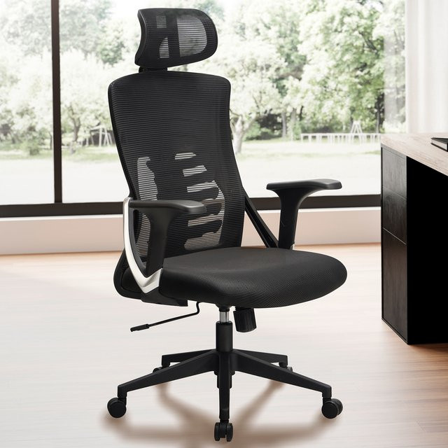 Ergonomischer Bürostuhl FineBuy in Schwarz mit Mesh-Rückenlehne, Armlehnen und Drehsitz, Belastbarkeit bis 120 kg - Bild 1