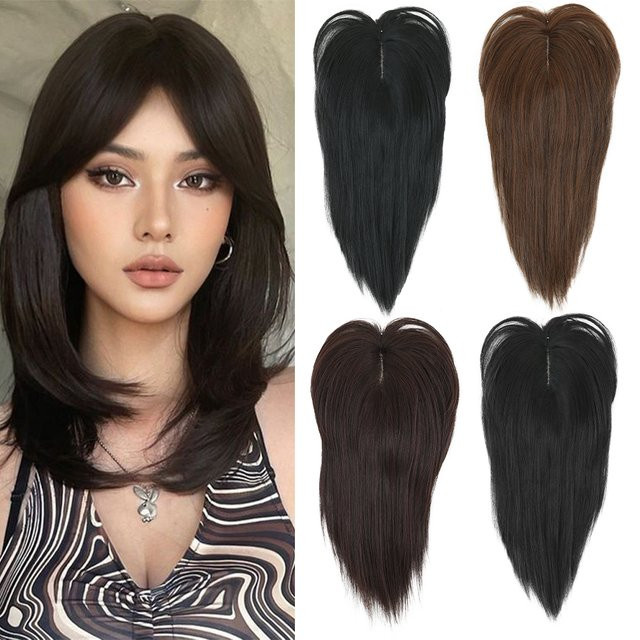 Lansa Haar Topper Clip Haarverlängerung, synthetisch, schwarz braun, mit Pony - Bild 1