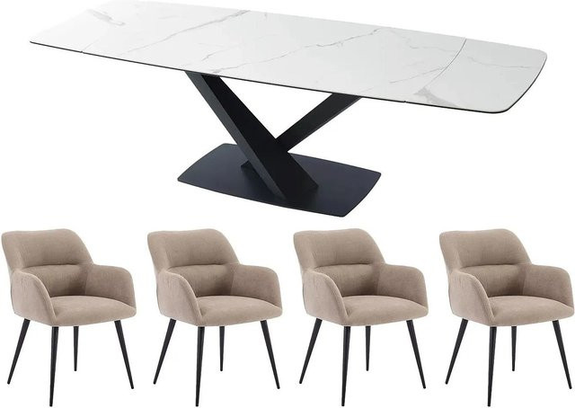 Vente-unique Essgruppe Malata mit Keramiktisch in Schwarz Weiß Beige und Stühlen aus Stoff, ausziehbar, B/T/H: 260 x 180 x 90 cm - Bild 1