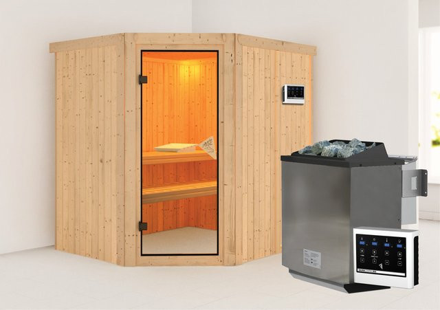 Karibu Sauna Swenna Bio-Sauna aus Fichte und Espe mit 9 kW Edelstahl-Bio-Ofen und externer Steuerung in Bronze - Bild 1