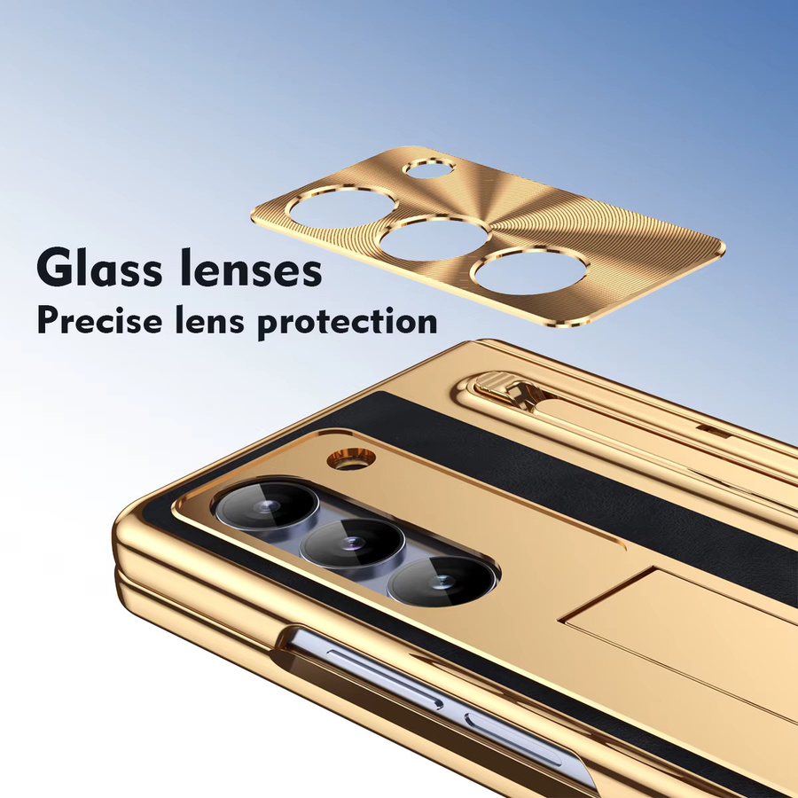 PU-Leder Handyhülle mit Glasfilm-Stiftschlitz und Stiftständer für Samsung Galaxy Z Fold 7, 6, 5, 4, 3 inklusive Scharnier-Schutz in Blau und Gold - Bild 2