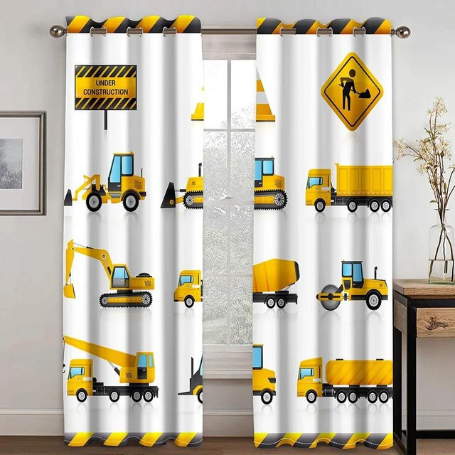 Kinder Vorhänge mit Baustellenfahrzeugen Traktor LKW Bagger Bulldozer, halbtransparent, Mehrfarbig, Breite: 132 cm, Höhe: 164 cm - Bild 1