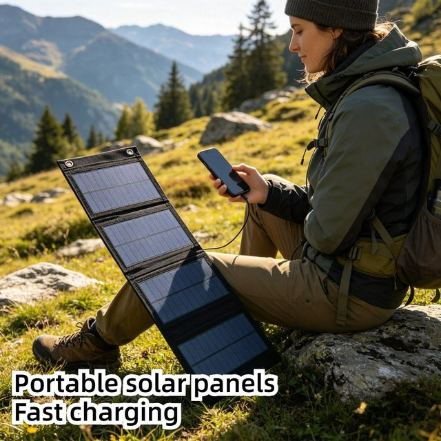 EESBAO Faltbares Wasserdichtes Solarpanel USB-Solarladegerät für Handy und Tablet in Schwarz - Bild 1