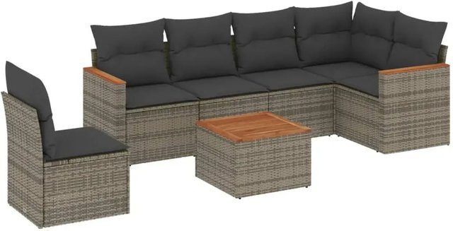 vidaXL 7-teilige Garten-Sofagarnitur aus Poly-Rattan und Akazienholz in Grau mit Kissen - Bild 1