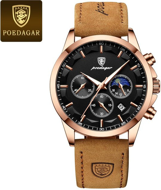 POEDAGAR Chronograph Armbanduhr, Quarz, Edelstahl, Leder, Roségold, Schwarz, Herren - Bild 1