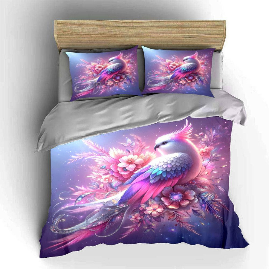 Grosstor 3-teiliges Bettwäsche-Set mit Vogel- und Blumen-Motiv in Rosa und Lila, Digitaldruck, B/H: 135 x 200 cm - Bild 3