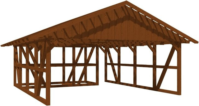 Skan Holz Carport Schwarzwald mit Satteldach, Dachlattung und Abstellraum aus Fichtenholz in Nussbaum Braun, B: 684 cm, T: 772 cm - Bild 1