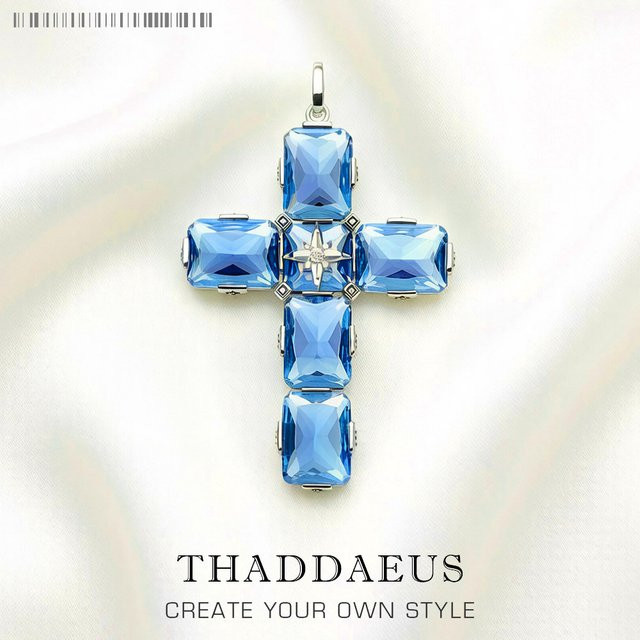 Thaddaeus Anhänger, Blaues Kreuz, 925 Silber, Kristall, Unisex, Vintage - Bild 1