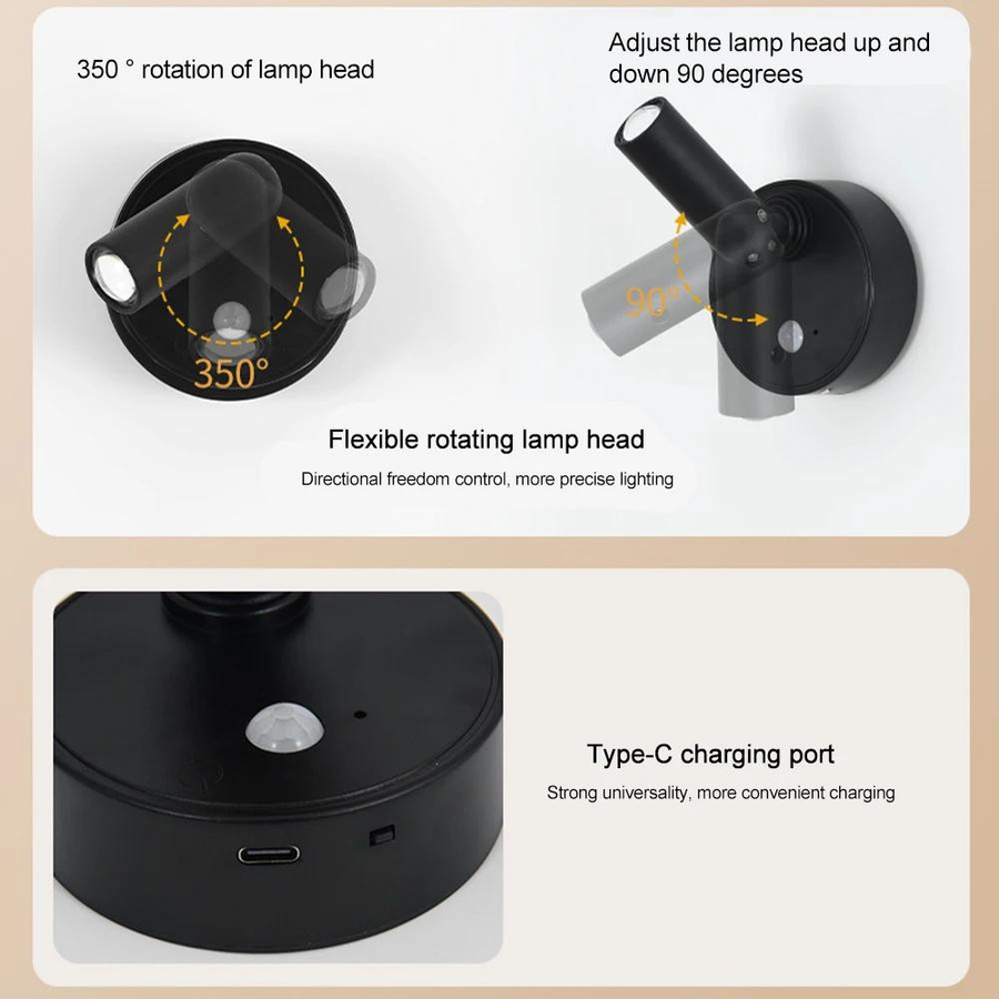 YJMP Super Lighting Kabellose LED Wandleuchte mit magnetischer Basis, USB-wiederaufladbar, dimmbar mit Touch-Schalter, Schwarz - Bild 4