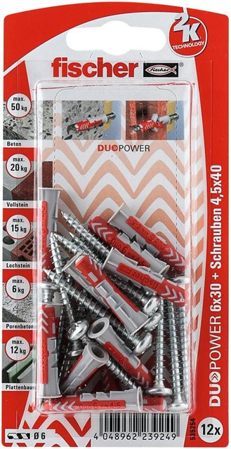Fischer DuoPower Dübel mit Panhead-Schraube, Durchmesser: 6 mm, Länge: 30 mm, 12 Stück, Grau-Rot - Bild 1
