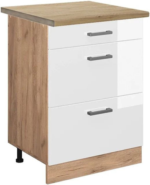 Vicco Küchenunterschrank R-Line Weiß Hochglanz und Eiche mit Schubladen B: 60 cm, H: 81,6 cm, T: 60 cm - Bild 1