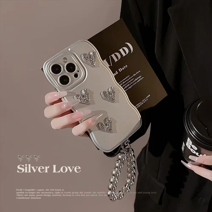 MUQGEW Handyhülle mit 3D-Falten-Liebes-Herz-Design und gewelltem Rand für iPhone 17 16 15 14 13 12 11 Pro Max, stoßfeste Armband-Abdeckung, Farbe: Silber - Bild 3