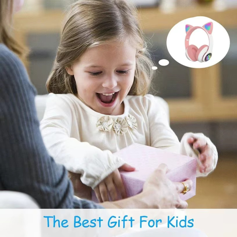VIKEFON Bluetooth 5.0 Stereo-Kopfhörer für Kinder mit Katzenohren-Design, Mikrofon und Blitzlicht, kabellos mit TF-Kartenslot, Farben: Schwarz und Pink - Bild 2