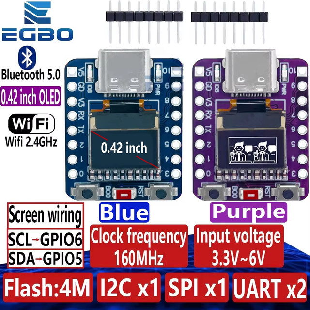 EGBO Mini ESP32-C3 Entwicklungsboard mit 0,42 Zoll OLED Display, 4 MB Flash, WiFi, Bluetooth und USB Typ-C in Lila - Bild 1