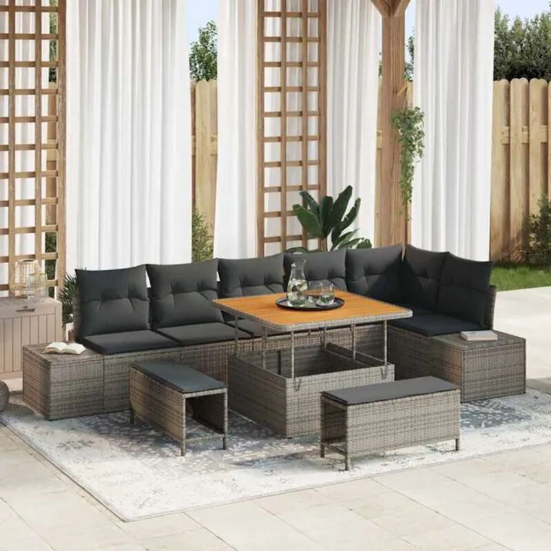 Modernes Garten-Sofa-Set aus Poly-Rattan mit 9-teiligem Kissen-Set in Grau von vidaxl - Bild 1